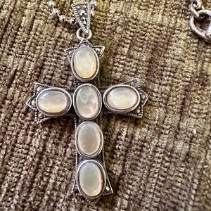 Beautiful Pearl and Marcasite Silver Cross Pendant Necklace